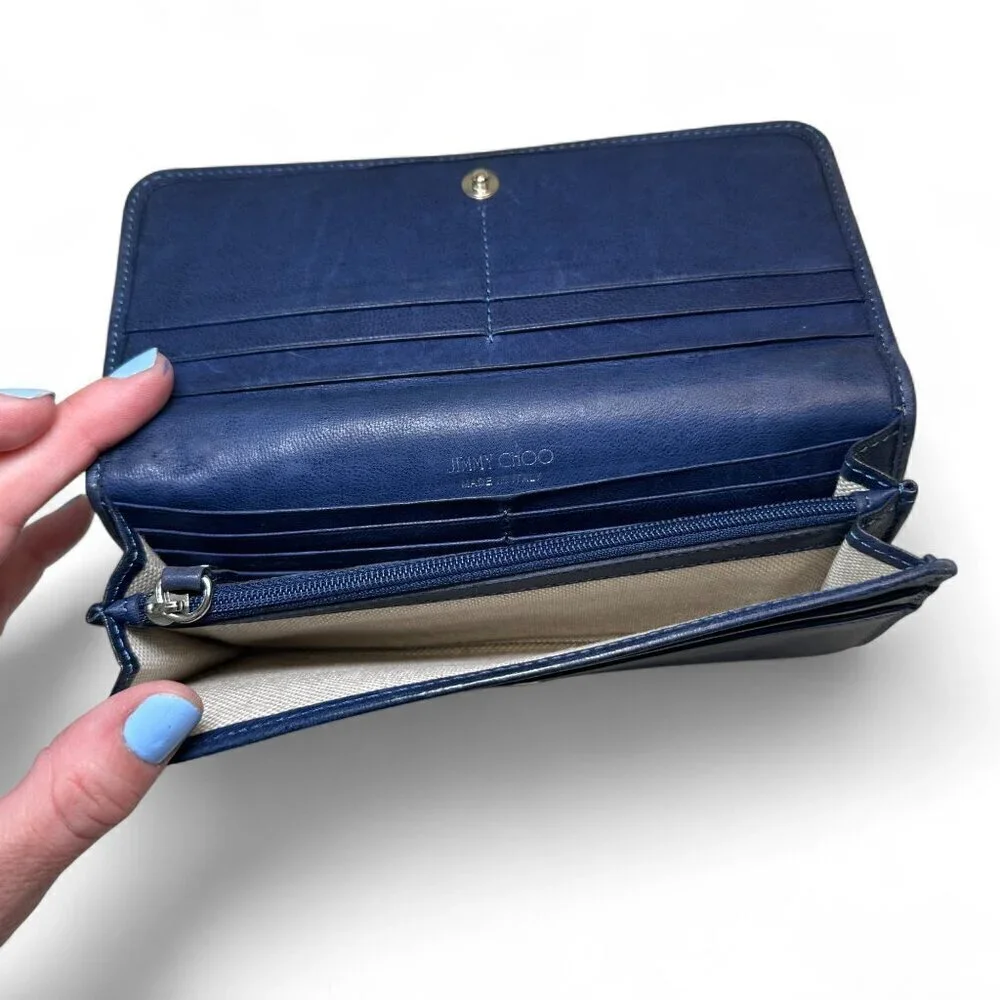 Jimmy Choo Navy Blue Long Leather Wallet with Silver Star Studs